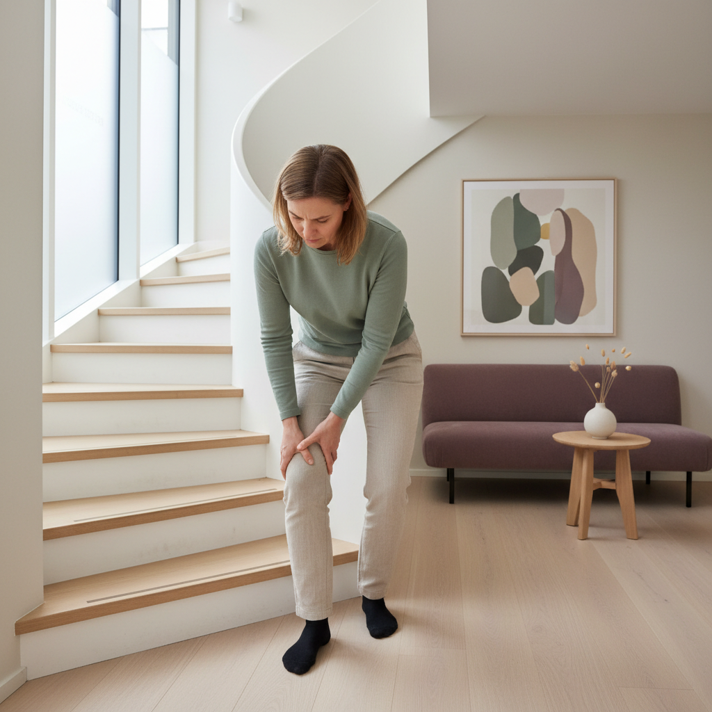En person som holder seg til kneet mens de står nederst i en trapp, med et fokusert, men litt bekymret ansiktsuttrykk. Bakgrunnen viser et normalt innendørsmiljø.