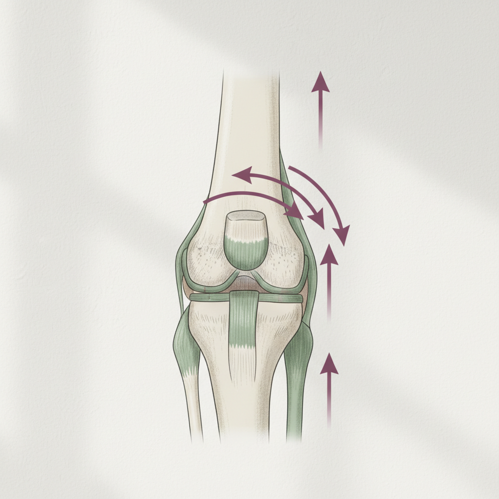 Et diagram som viser anatomien til kneet med fokus på kneskålen (patella) og lårbeinet (femur), med piler som indikerer bevegelsen under trappegang.