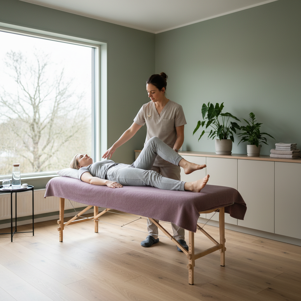 En naprapat som demonstrerer en skånsom kneøvelse for en pasient, i en klinisk setting.
