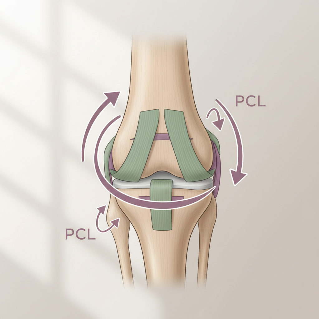 En detaljert og anatomisk korrekt illustrasjon av et kneledd som viser korsbåndene (fremre og bakre) med piler som indikerer deres stabiliserende funksjon. Fargene er myke og naturlige, med fokus på funksjon.