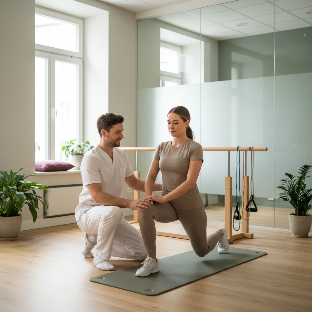 En fysioterapeut (eller naprapat) veileder en pasient under en rehabiliteringstrening for kneet. Pasienten utfører en kontrollert utfall med fokus, og terapeuten gir positive instruksjoner. Viser trygg og støttende atmosfære.