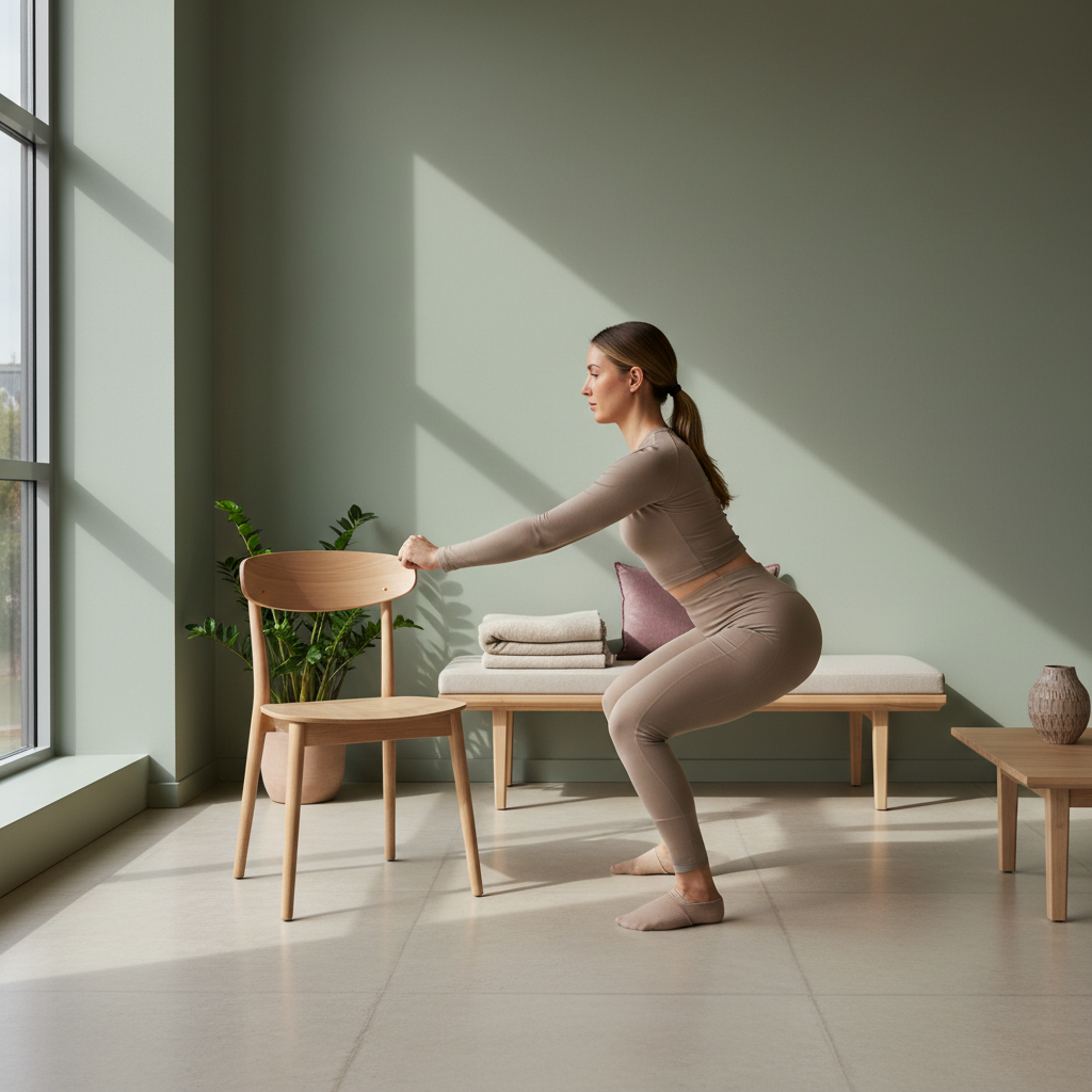 En person i en rolig, lys setting utfører en enkel hjemmeøvelse for kneet, f.eks. en lett knebøy støttet av en stolrygg, med fokus på god form. Viser egeninnsats og kontrollert bevegelse.