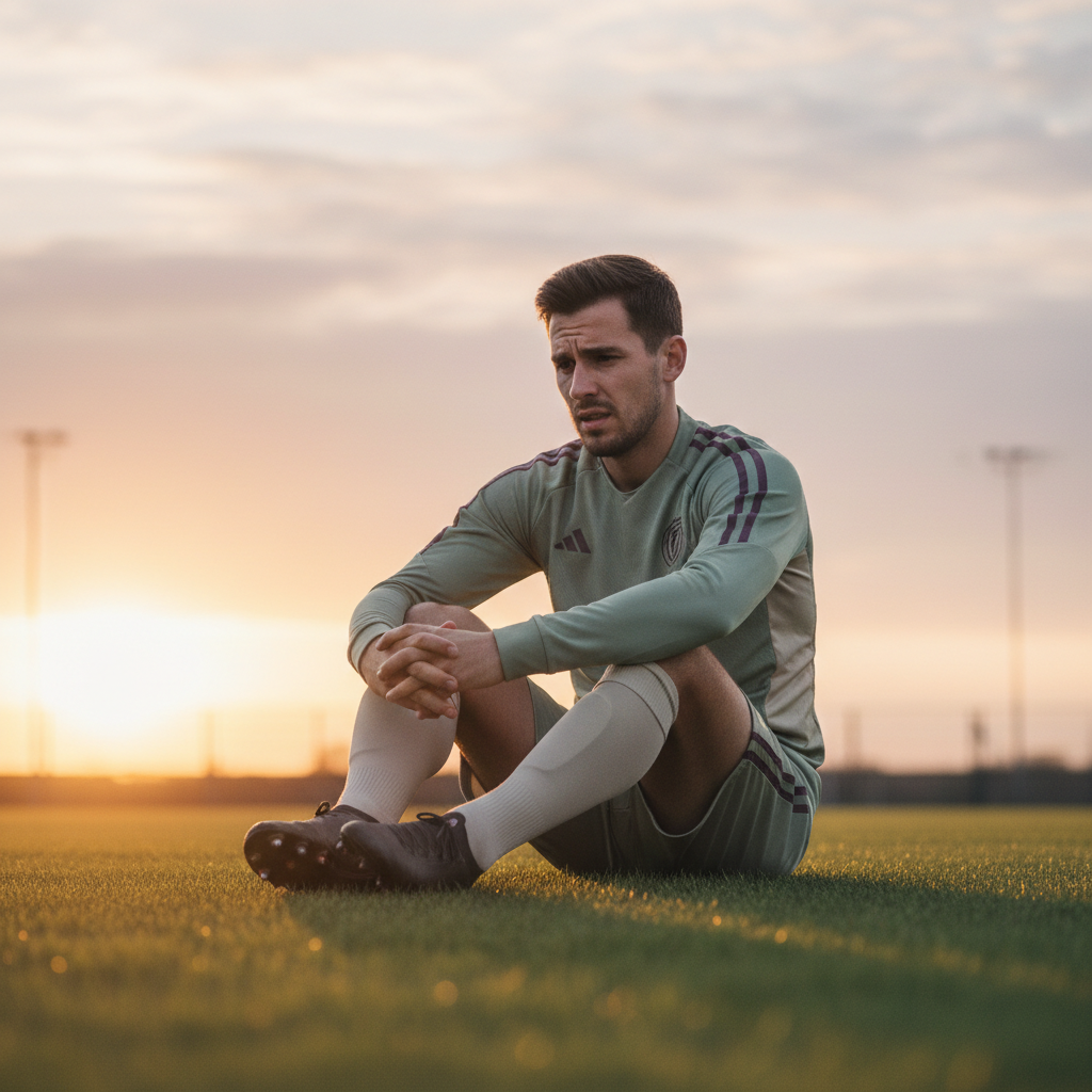 En fotballspiller sitter på en fotballbane med hendene rundt kneet/leggen, ansiktsuttrykket viser ubehag og bekymring. Solnedgang i bakgrunnen, myke farger.