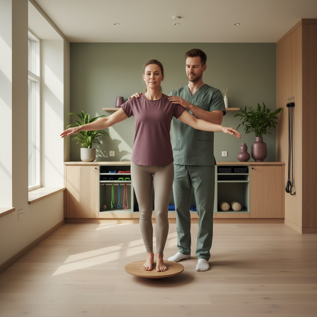 En fysioterapeut veileder en pasient som utfører en lett balanseøvelse på ett ben, med fokus på stabilitet i leggen. Bakgrunnen er en ren, moderne klinikk.