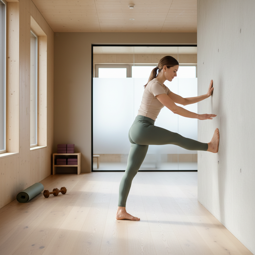 En person strekker forsiktig leggen mot en vegg, med fokusert blikk og rolig pust. Scenen er satt i et treningsstudio med naturlig lys.