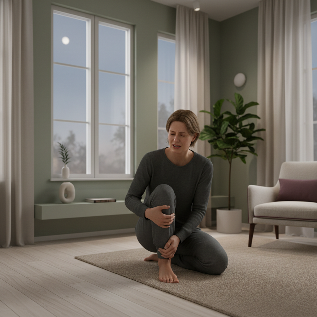 En person som holder seg på leggen midt på natten, med ansiktet preget av smerte