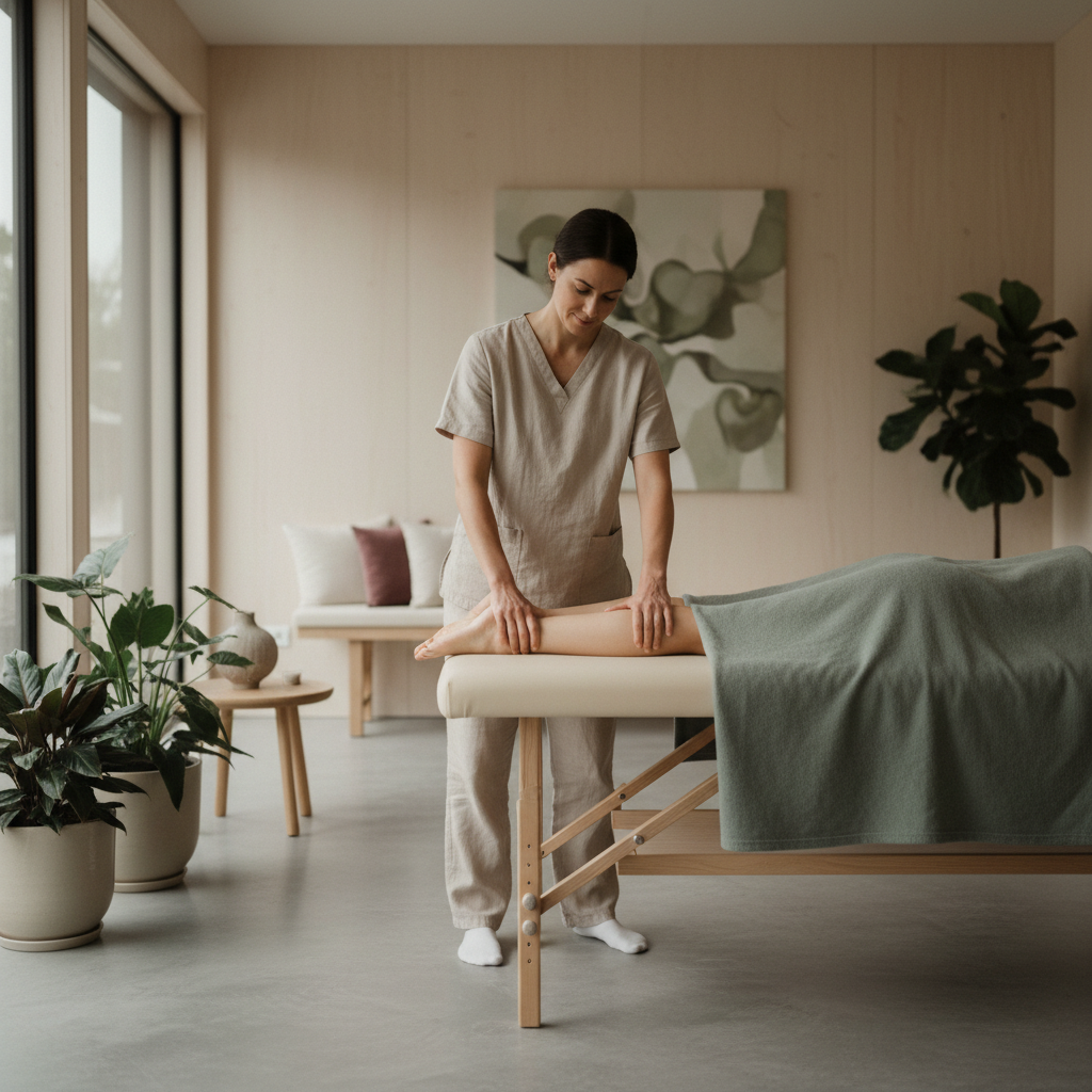 En terapeut som tøyer og behandler en pasients leggmuskulatur på en behandlingsbenk