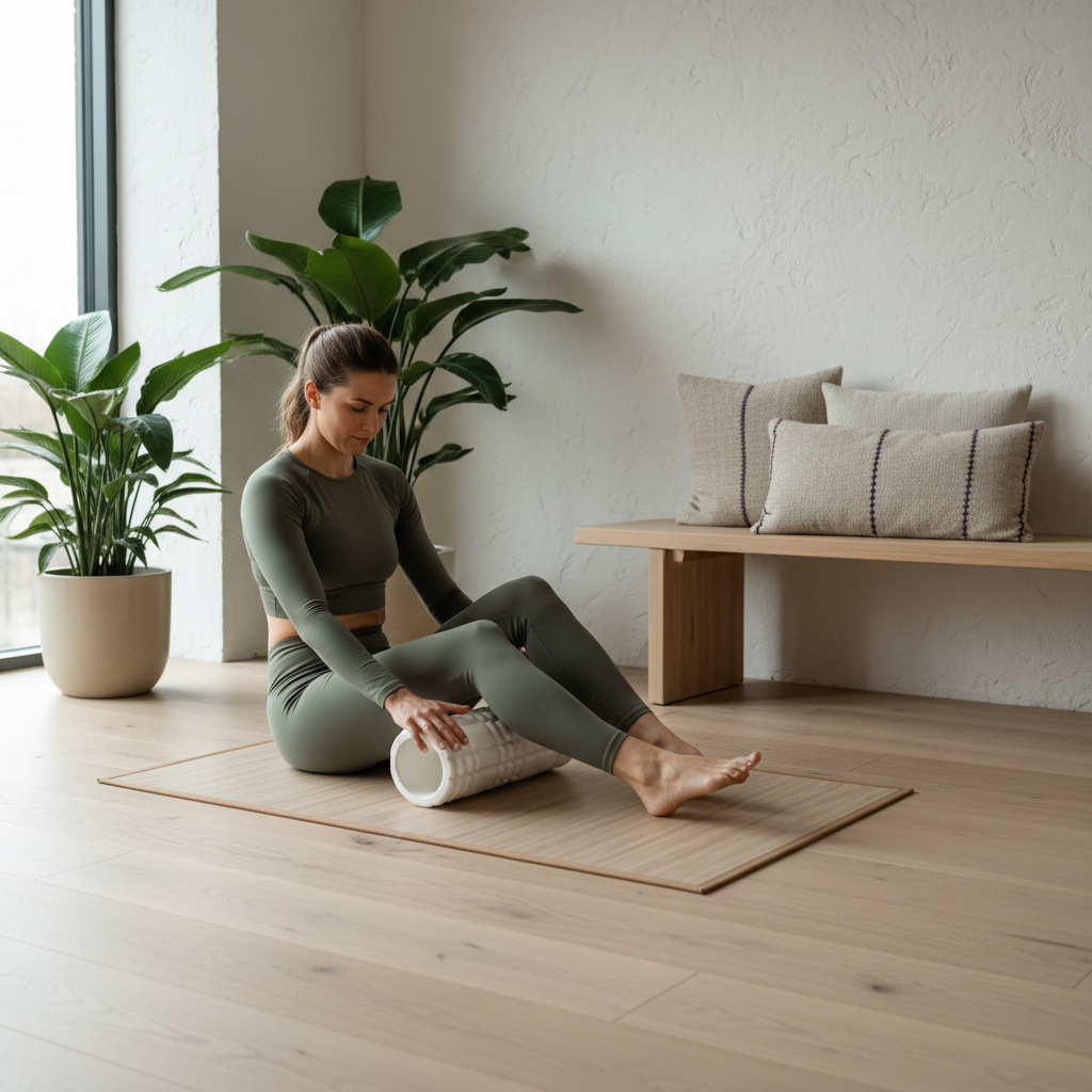 En person som bruker en foam roller på leggmuskulaturen