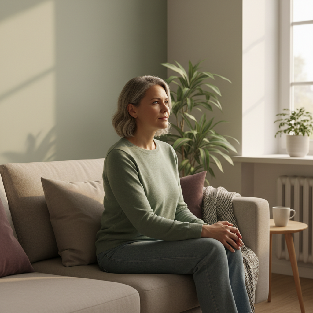 En rolig person, muligens i 40-50-årene, sitter på en sofa med en pute under korsryggen, ser litt tankefull ut, men ikke i panikk. Belysningen er myk og varm, med grønne og beige toner.