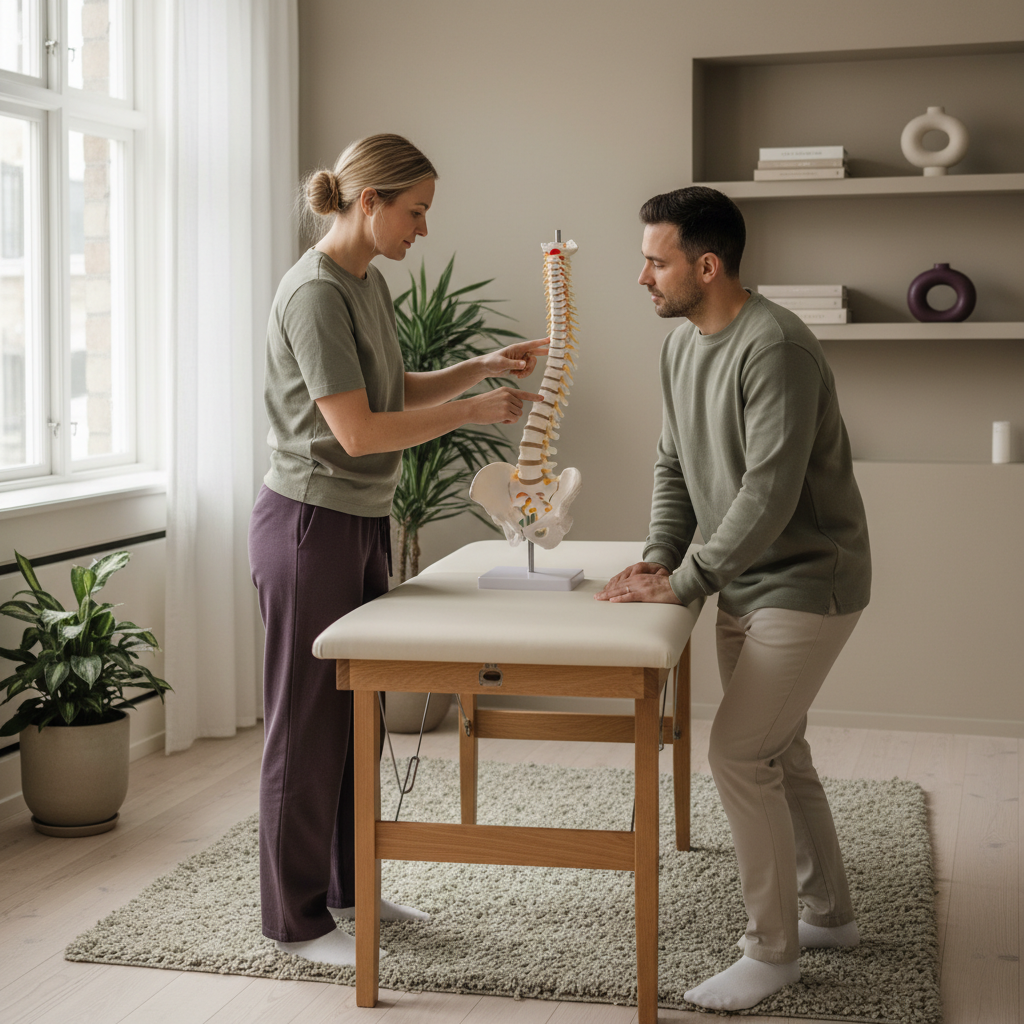 En naprapat og en pasient (begge kledd i nøytrale, komfortable klær) i en lys og moderne klinikk. Naprapaten peker på en anatomisk modell av en korsrygg mens pasienten lytter oppmerksomt. Atmosfæren er tillitsfull og informativ.