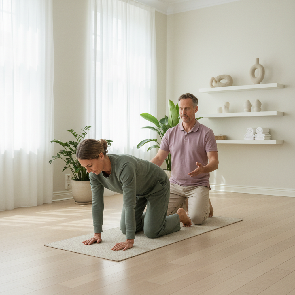 En pasient utfører en enkel strekkeøvelse for korsryggen på en matte på gulvet, under veiledning av en terapeut i bakgrunnen. Bildet viser en rolig og kontrollert bevegelse, med fokus på riktig form.