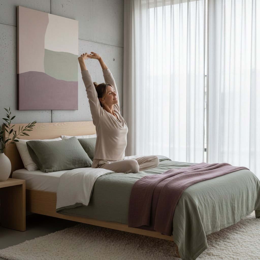 En person strekker seg forsiktig i sengen etter å ha våknet, med et svakt smil som indikerer lettelse fra morgenstivhet.