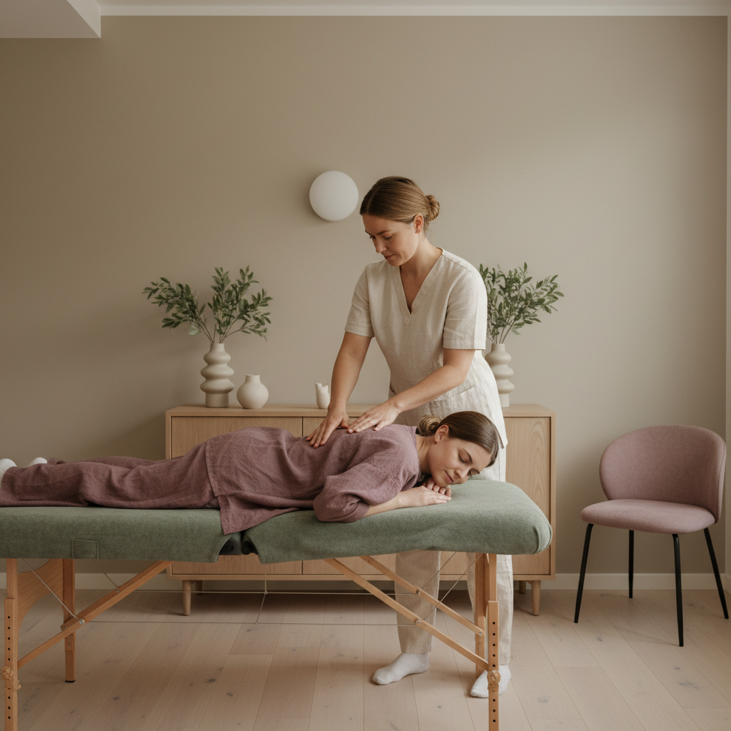 En naprapat utfører en skånsom mobiliseringsteknikk på en pasients rygg, i et lyst og profesjonelt klinikkrom.