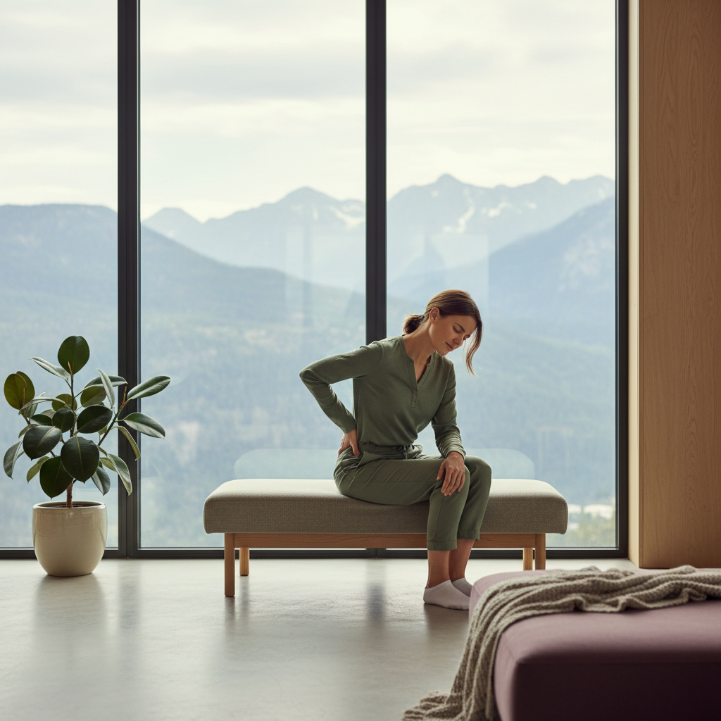 En rolig og tankefull person sitter foran et stort vindu med utsikt over fjell, holder seg til korsryggen med et lett uttrykk av ubehag. Lyset er mykt, med grønnlige og beige toner.