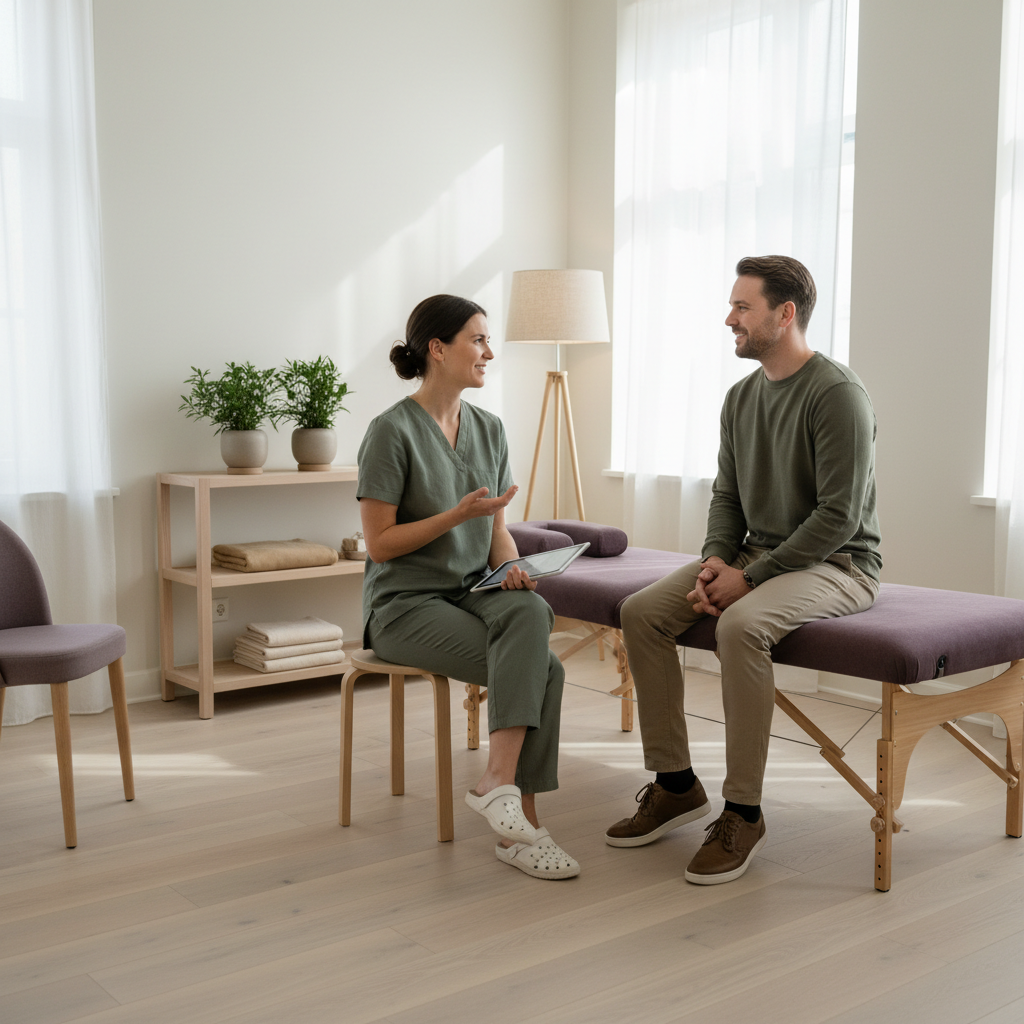 En naprapat eller fysioterapeut i rolig samtale med en pasient. Fokus er på tillit og forståelse, med notater på et nettbrett. Naturlig, dempet belysning.