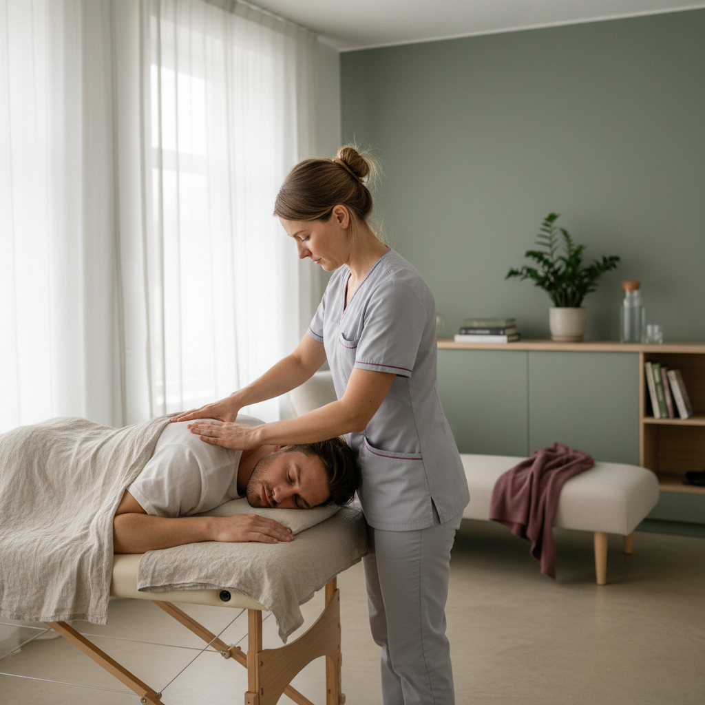 En naprapat utfører en leddmobilisering på en pasients skulder, med faglignøyaktighet og ro. Fokus på hendene og pasientens avslappede ansikt. Lyse, rene omgivelser.