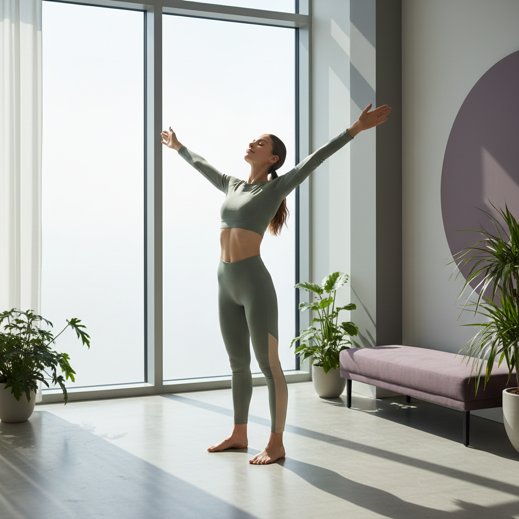 En person som strekker seg ut i morgenlyset, reflekterer en følelse av lettelse og fornyet energi. Fokus på en sunn livsstil og velvære. Myke farger.