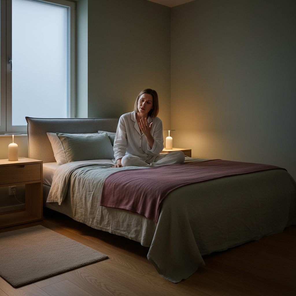 En person som ligger i sengen og ser forvirret på sin numne hånd i mørket, mykt lys fra et nattbord.