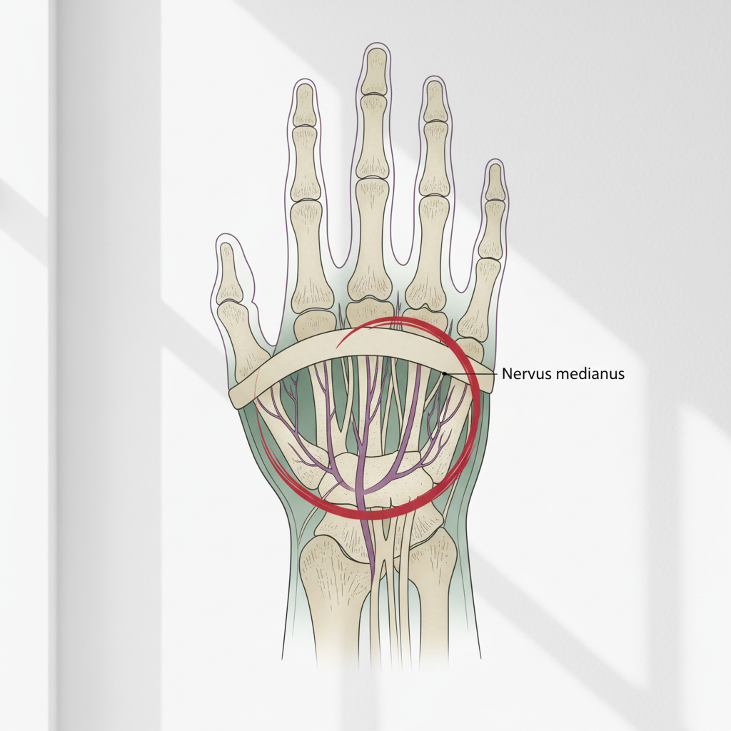 Anatomisk illustrasjon som viser medianusnerven som går gjennom karpaltunnelen i håndleddet, med en rød markering som indikerer kompresjon.