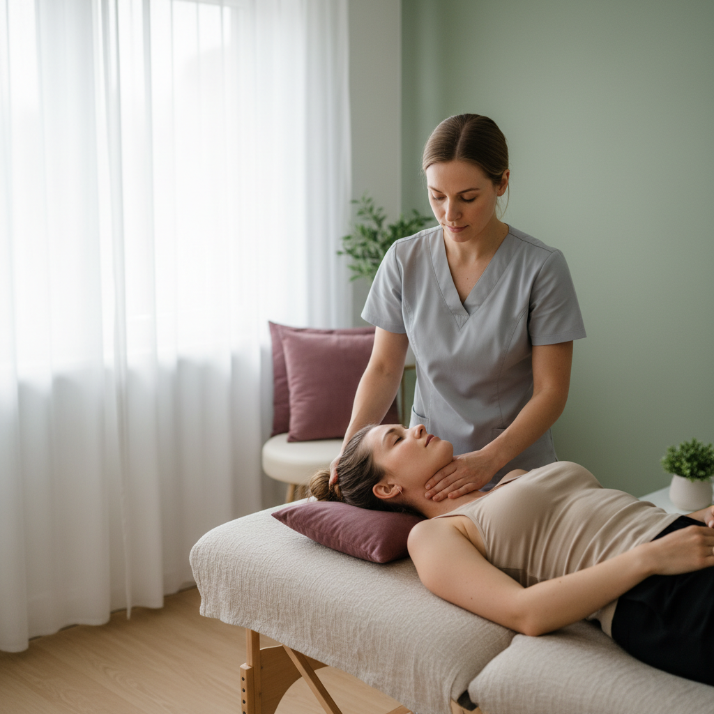 En terapeut utfører manuell behandling på en pasients nakke og skulderområde, med fokus på å redusere nervekompresjon.
