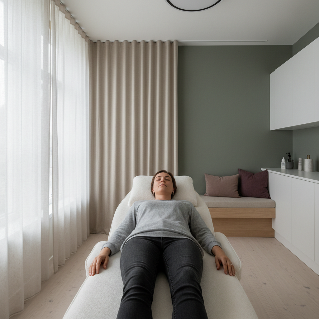 En person som ligger på ryggen i sengen, med begge armene avslappet langs siden av kroppen, og et nøytralt uttrykk.