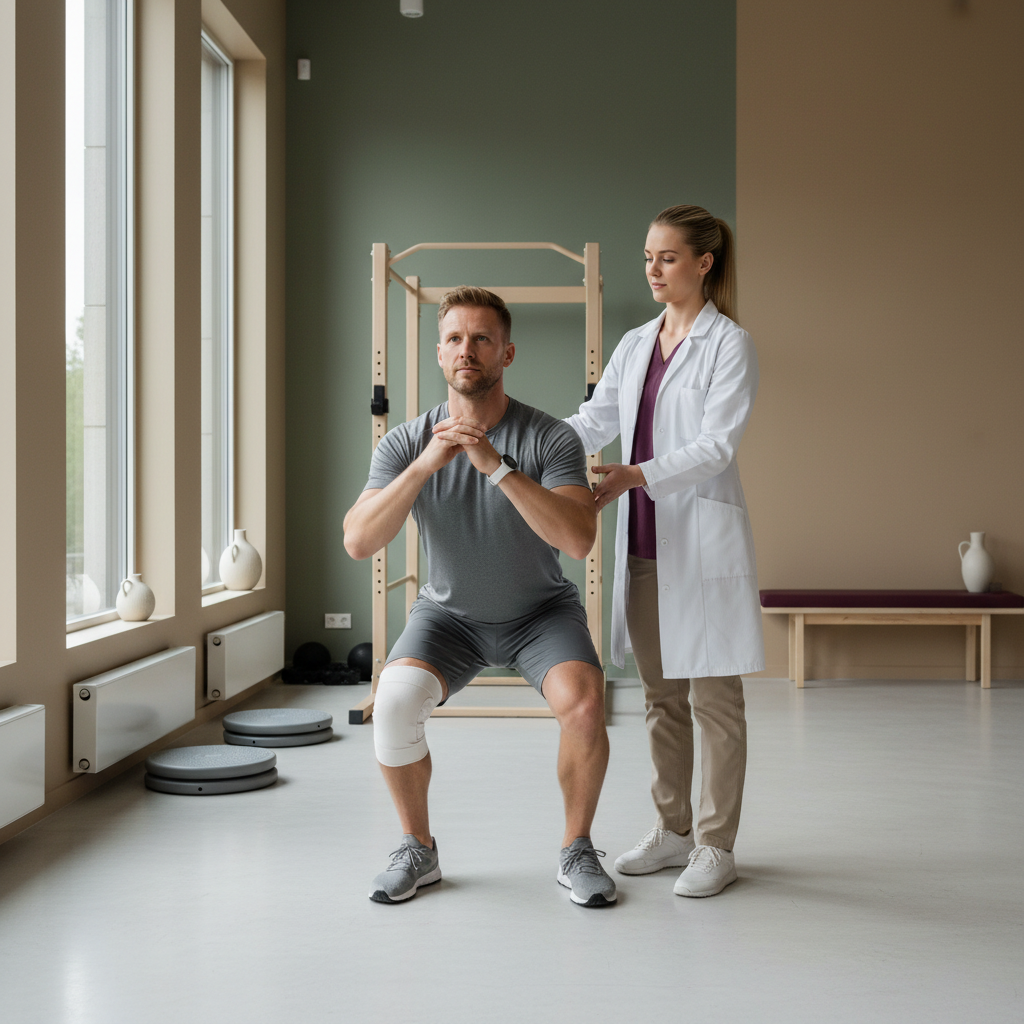 En atlet med knebandasje gjør en kontrollert knebøy under veiledning av en fysioterapeut i et rent, moderne treningsstudio.