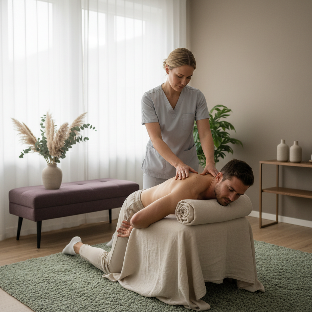 En dyktig naprapat utfører en leddmobiliseringsteknikk på ryggen til en pasient, fokusert på pasientens komfort og kroppens holdning.
