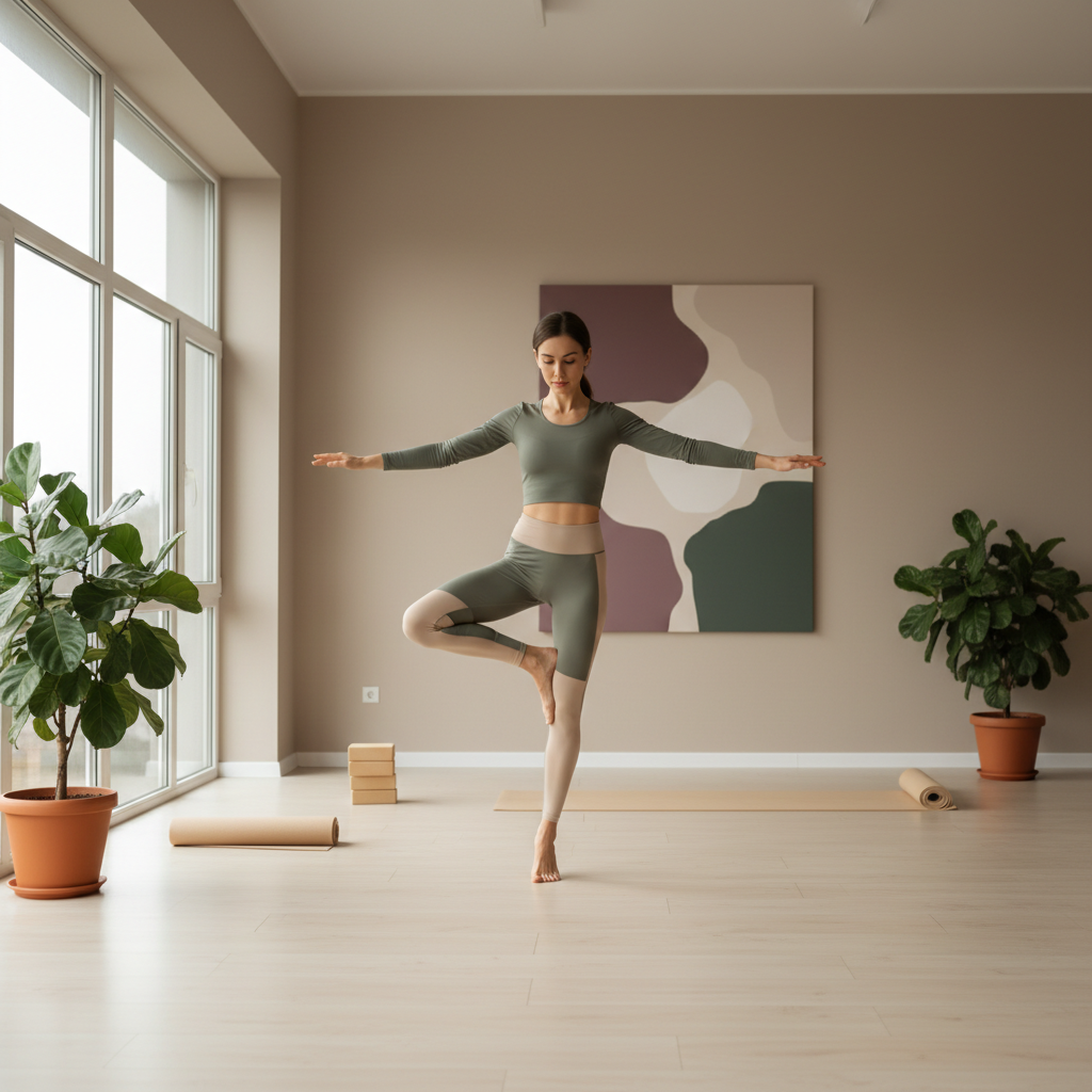 En kvinne i treningsklær utfører en balanseøvelse på ett ben, med fokus og stabilitet, i en innendørs treningssetting.