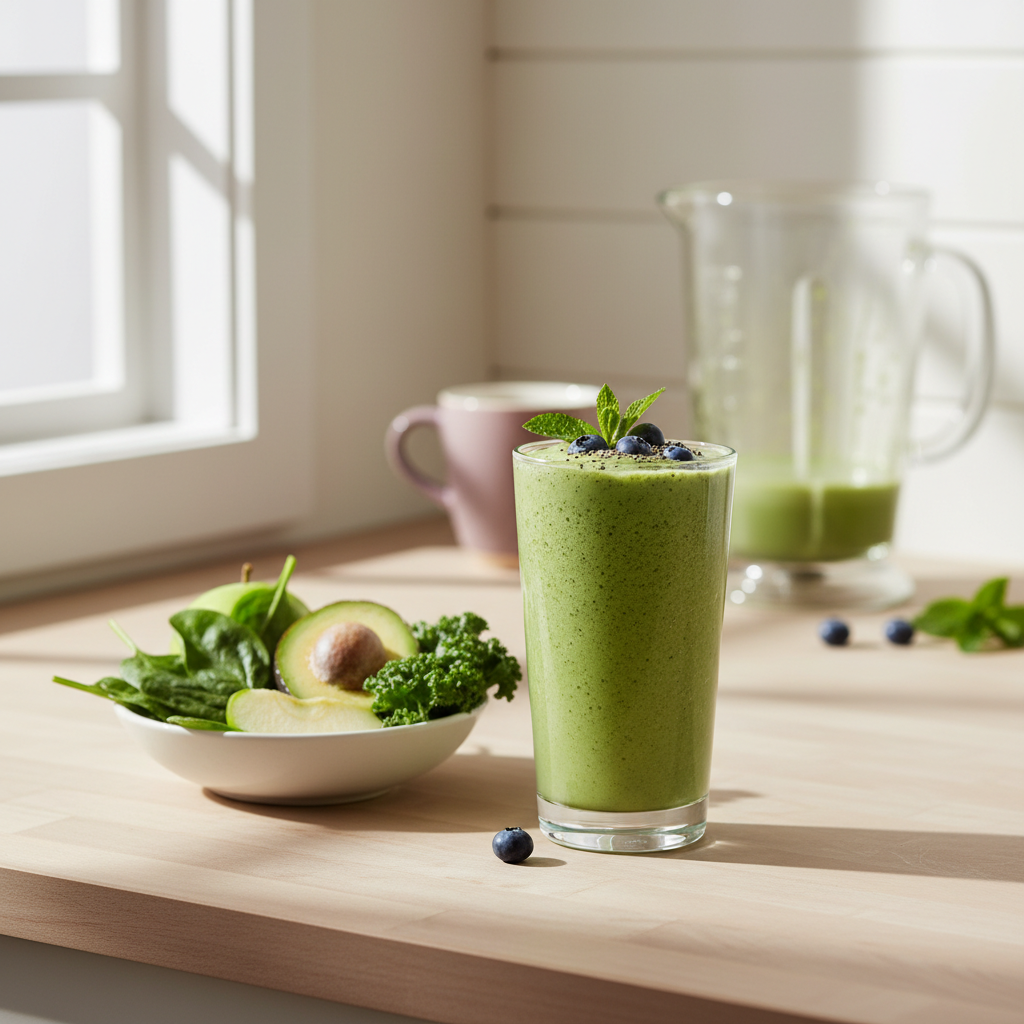 En frisk, grønn smoothie med ferske ingredienser står på et kjøkkenbord, som symbol på god ernæring og restitusjon.