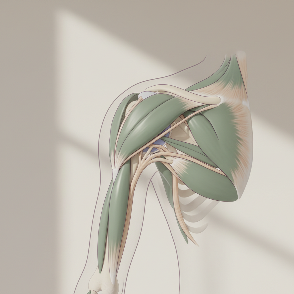 Illustrasjon av skulderens anatomi som tydelig viser rotatorcuff-musklene (supraspinatus, infraspinatus, teres minor, subscapularis) og senene. Skulderleddet er også synlig for kontekst.