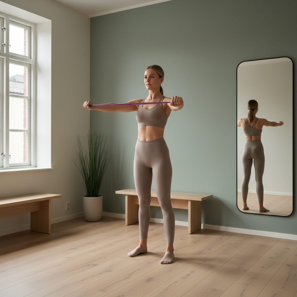 En person som utfører en enkel skulderøvelse med en lett motstandsstrikk, demonstrerer rolig og kontrollert bevegelse. Fokus på riktig teknikk.