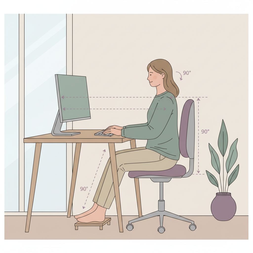 En illustrasjon som viser riktig ergonomisk sittestilling ved et skrivebord, med fokus på skulder- og armposisjon for å redusere belastning.