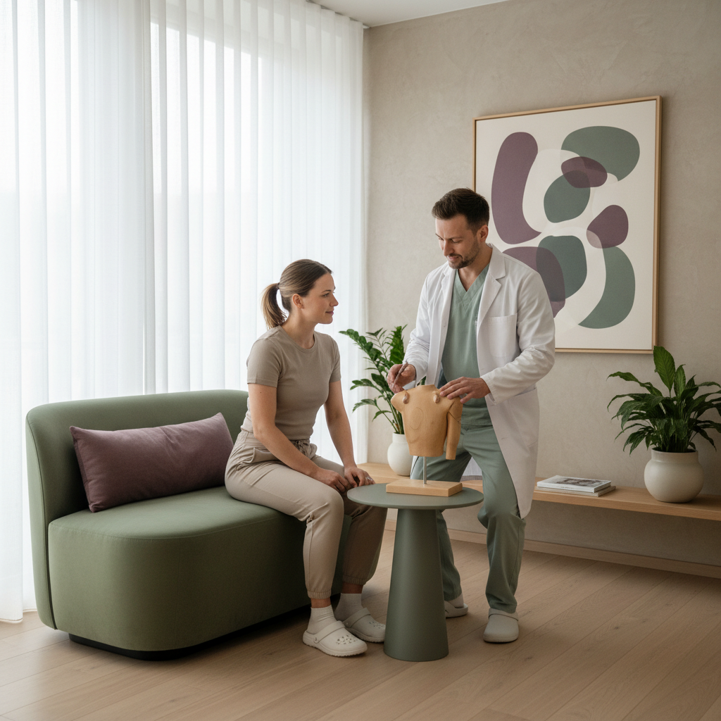 En pasient i samtale med en fysioterapeut eller naprapat som peker på en skulderatlas, i en profesjonell, men vennlig atmosfære.