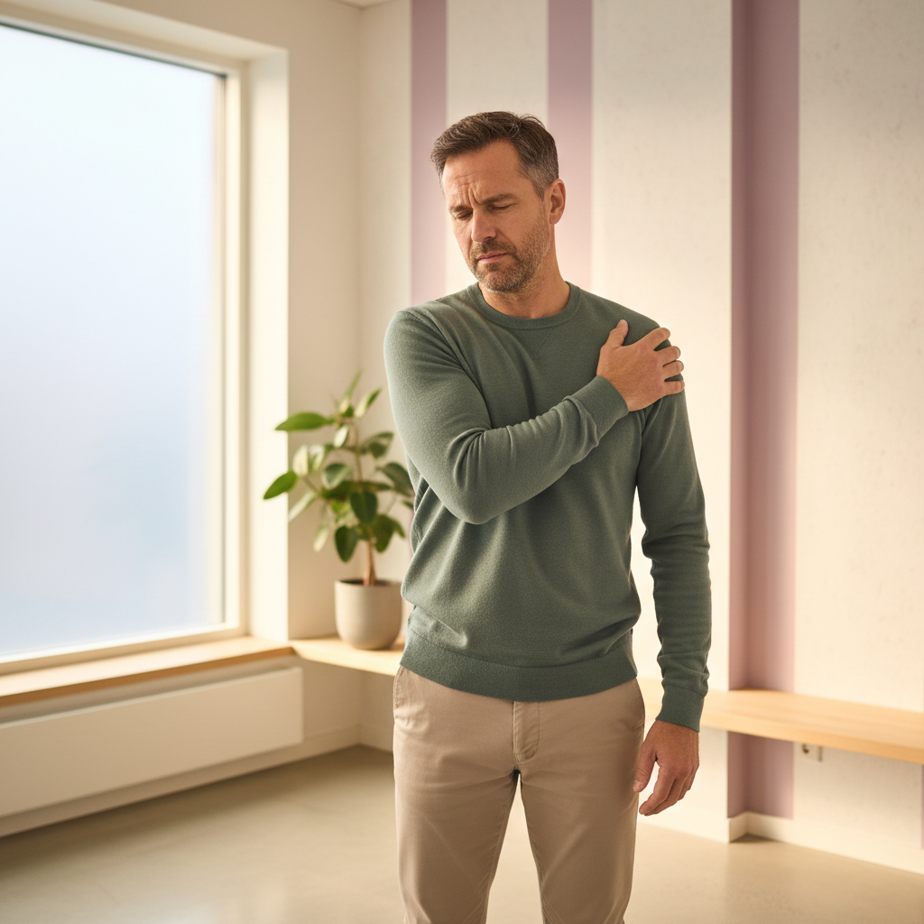 En mann i 40-årene holder seg på overarmen/skulderen med et anstrengt ansikt, stående foran et lyst bakgrunn. Han er kledd i hverdagsklær.