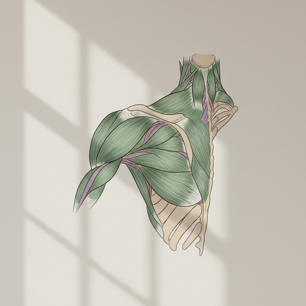 En oversiktlig illustrasjon av skulderens anatomi, som viser rotatorkuffen, skulderbladet, overarmsbeinet og kragebeinet. Viser tydelig muskler og sener.