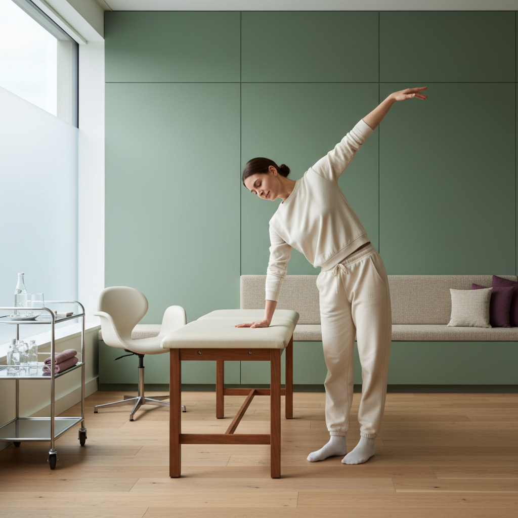 En person utfører en skulderpendeløvelse. Armen henger fritt, og kroppen lener seg lett fremover. Ansiktet er rolig.