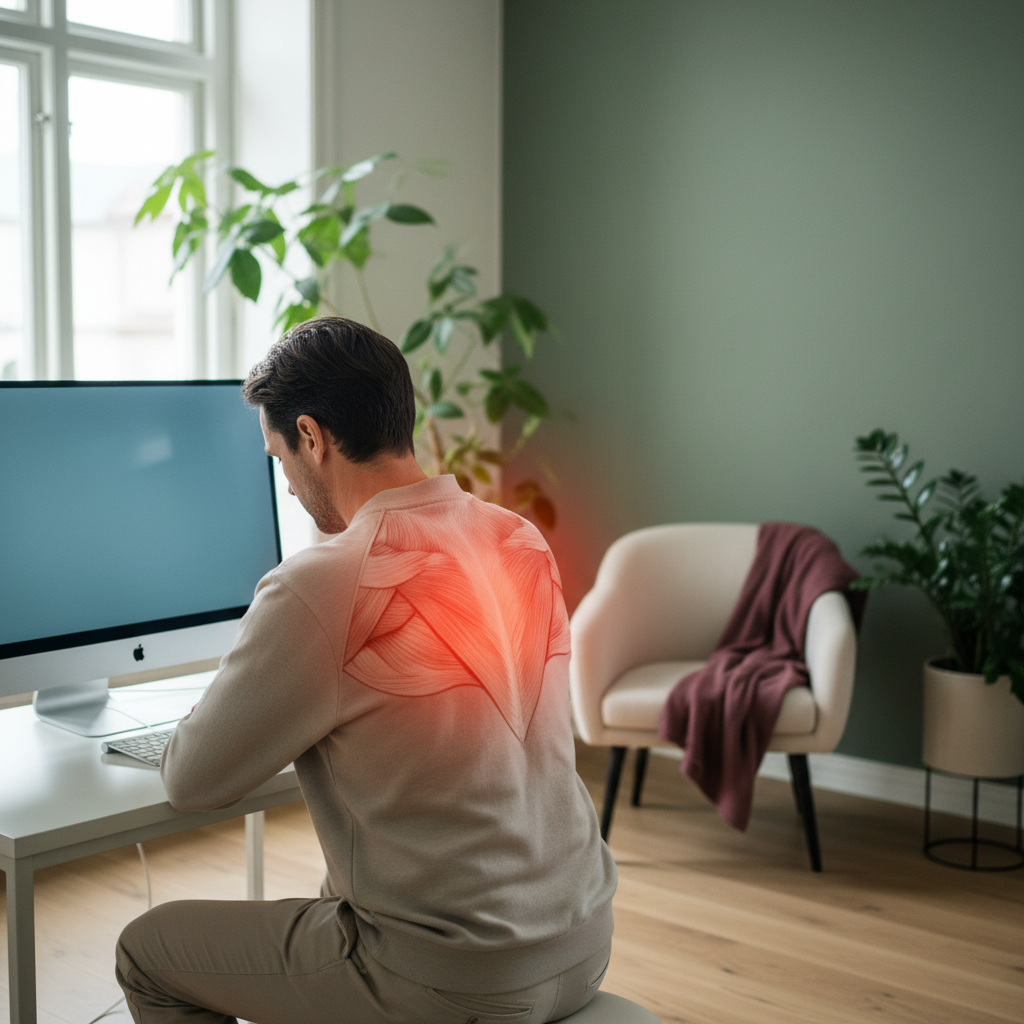 En illustrasjon av en person som sitter foran en datamaskin med dårlig holdning, med en rød glød rundt musklene mellom skulderbladene for å indikere spenning og smerte.