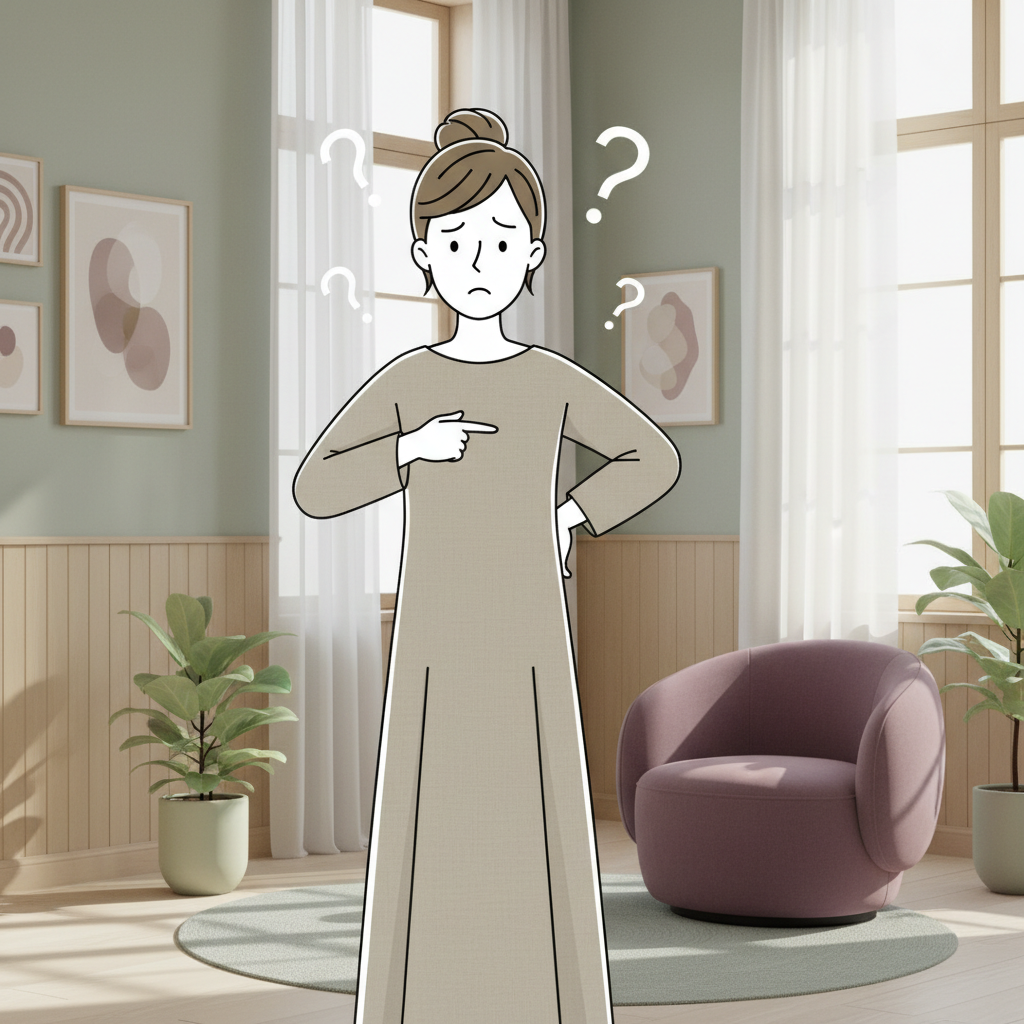 En tegneseriefigur som peker på ryggen mellom skulderbladene med en spørrende ansiktsuttrykk, omgitt av små spørsmålstegn for å illustrere usikkerhet rundt symptomene.