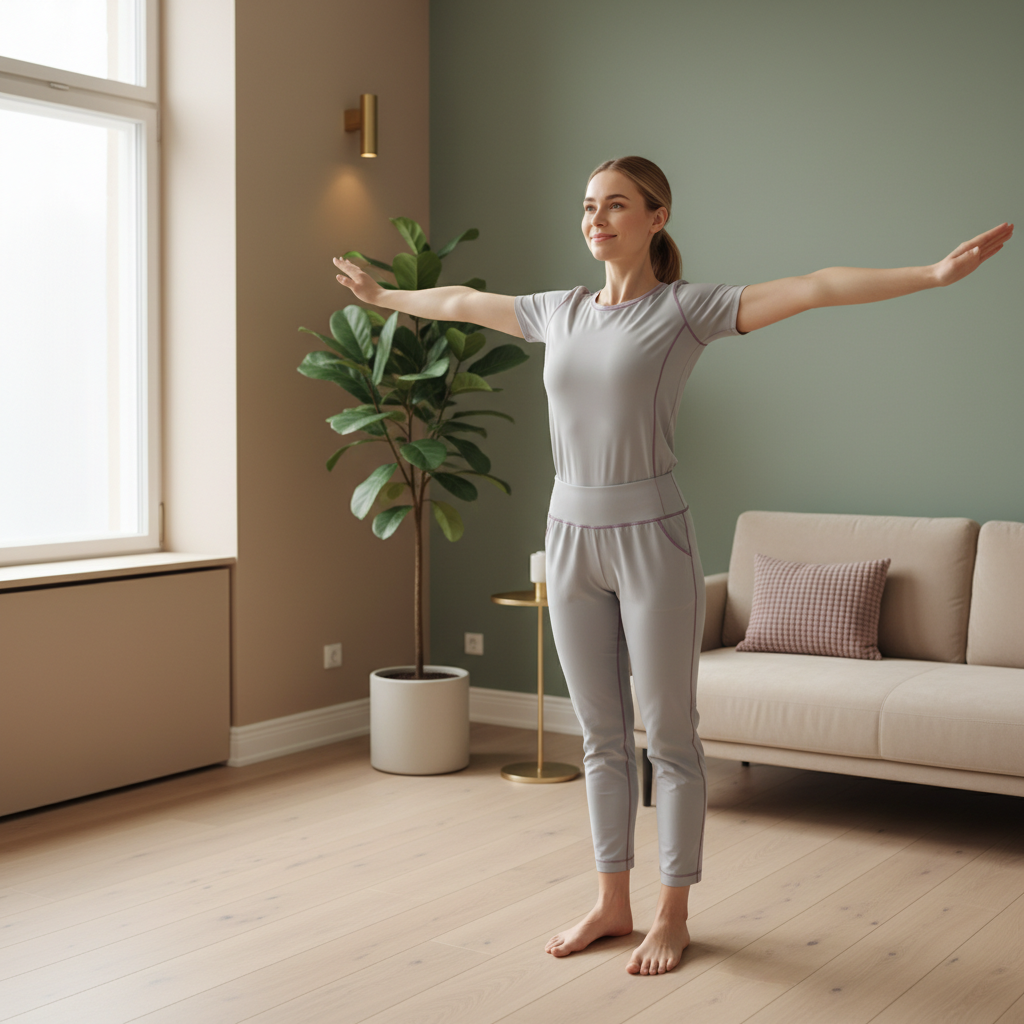 En glad kvinne som utfører en enkel strekkeøvelse for øvre rygg, f.eks. ved å holde armene ut til siden og trekke skulderbladene sammen, i en lys og rolig setting.
