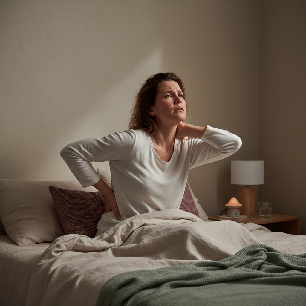 En person ligger våken i sengen om natten, ser opp i taket, og holder seg til ryggen eller nakken, med et frustrert uttrykk.