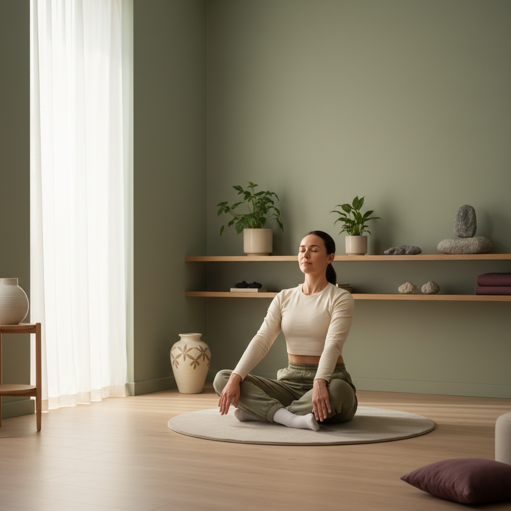 En person gjør lette tøyeøvelser eller pusteøvelser i et rolig rom, med fokus og avslapning i ansiktet.