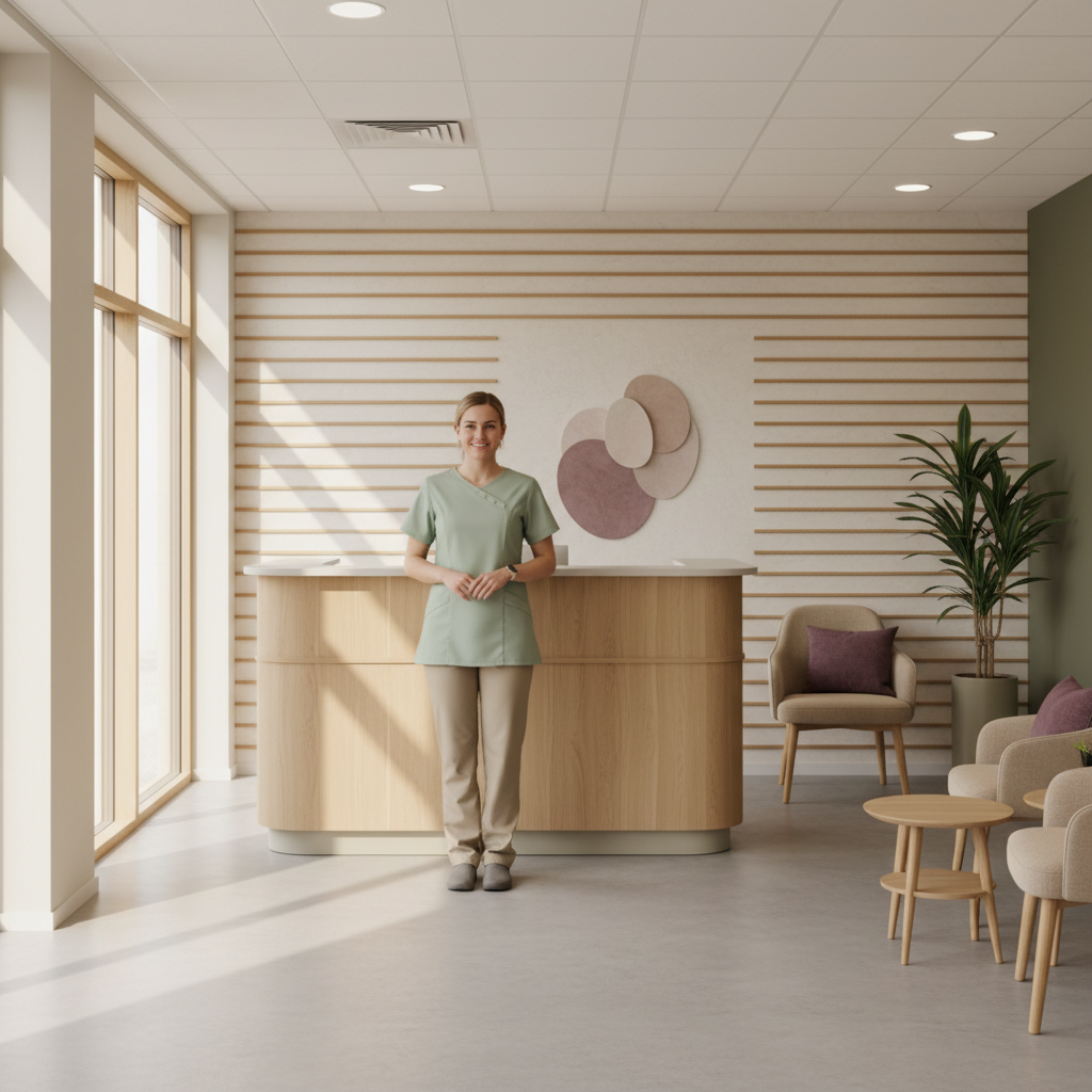 En lys og innbydende klinikkresepsjon hos Cor Optima i Trondheim, med en ansatt som smiler vennlig mot "kamera" for å symbolisere hjelp og støtte.