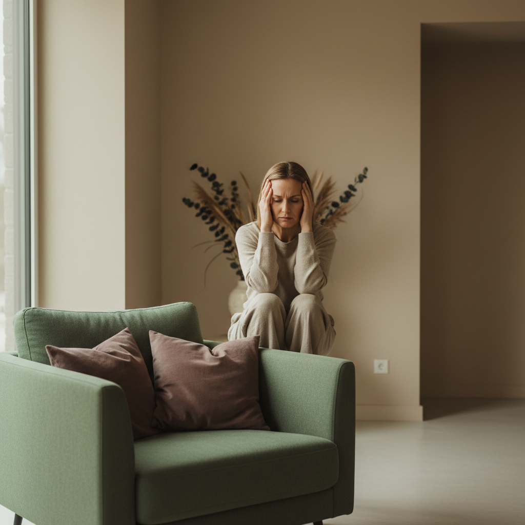 En person som holder seg til tinningene med et litt anstrengt uttrykk, men ikke i ekstreme smerter. Myke farger, lys bakgrunn.