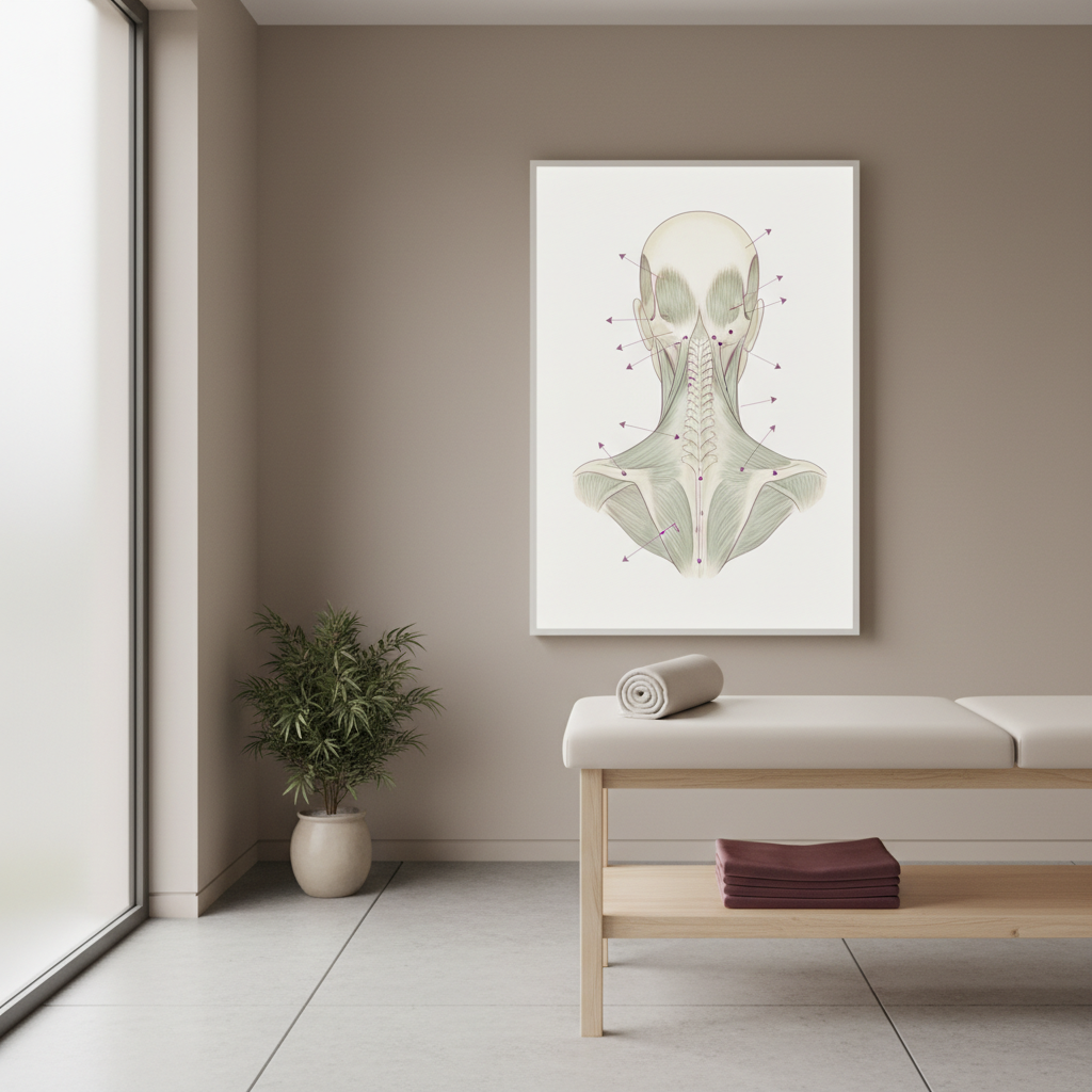 En detaljert illustrasjon av nakkemuskulaturen og hvordan den kobler seg til hodet, med små piler som indikerer spenningsretninger. Medisinsk, men likevel myk estetikk.