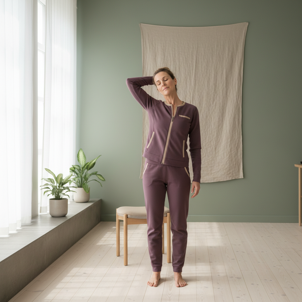 En person utfører en lett tøyningsøvelse for nakken, med fokus på skånsomhet og riktig teknikk. Utføres i et lyst rom med myke, naturlige farger.