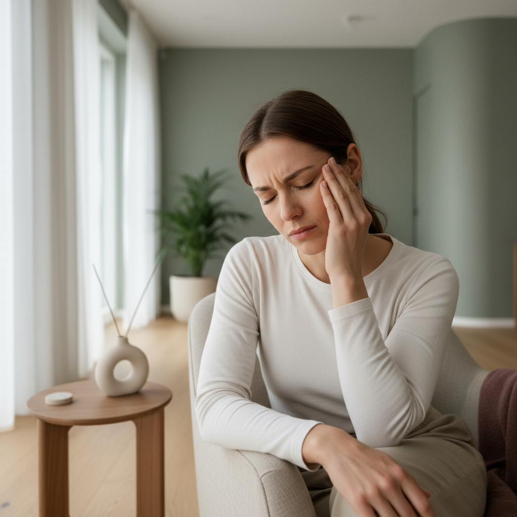 En person holder en hånd mot tinningen og ansiktet, med et uttrykk som indikerer ubehag eller smerte i kjeve- og øreområdet. Bakgrunnen er beroligende, med fokus på personen.