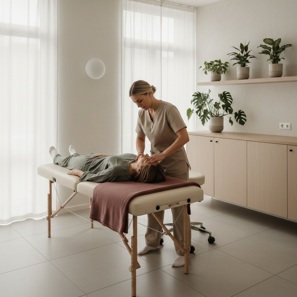 En kvinne (naprapat) utfører forsiktig manuell behandling på en pasients nakke- og kjeveområde. Fargene er varme og beroligende, og viser tillit og profesjonalitet.