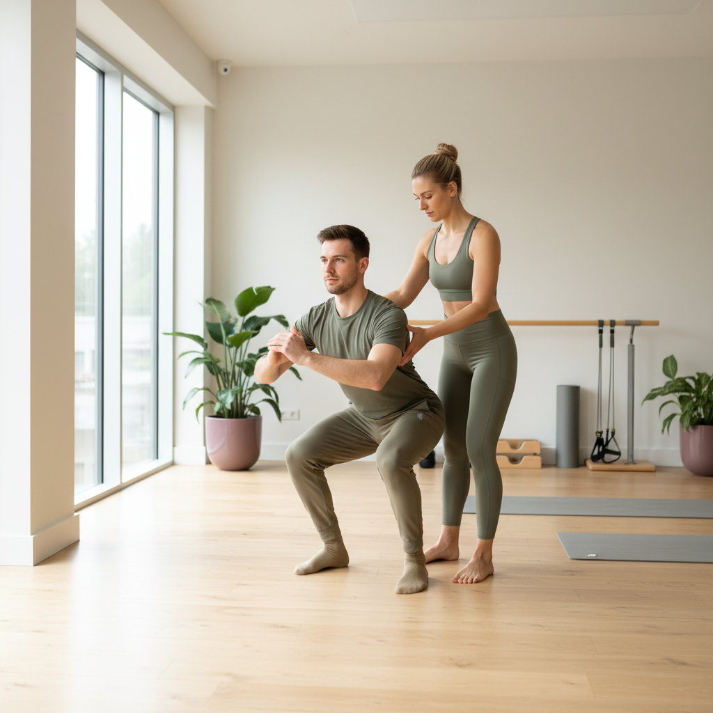 En personlig trener veileder en klient gjennom en skånsom knebøyøvelse i et treningsstudio, med fokus og presisjon.