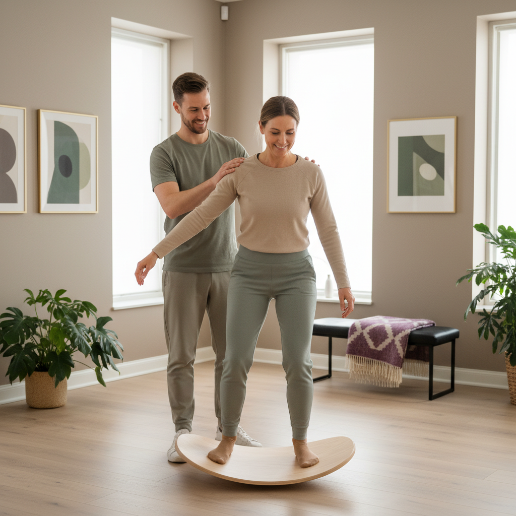 En glad klient utfører en lett balanseøvelse med en personlig trener som gir oppmuntring og justeringer.