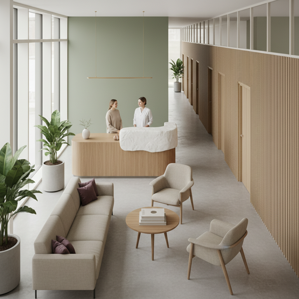 En oversikt over en moderne og ryddig behandlingsklinikk, med fokus på et trygt og innbydende miljø.